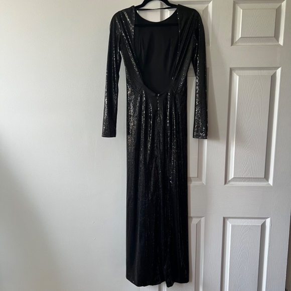 Galvan black sequin long sleeve gown with back detail and front side slit - Picture 3 of 3